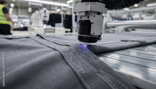 Automated camera system inspecting highstress seam durability on garment production line ensuring reinforced stitching quality under industrial lighting.