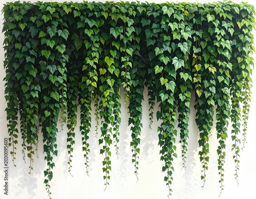 Verdant vines cascade down a textured white wall, creating a lush green tapestry