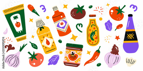 Photos colorful condiment illustration kit with tomatoes peppers and sauce bottles