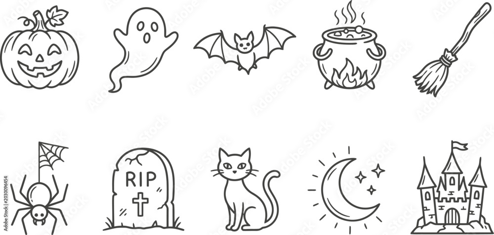 Fototapeta premium Halloween line art icons set spooky symbols and objects