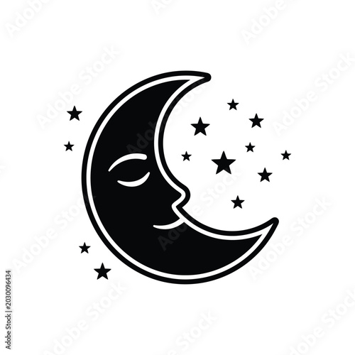 Canvastavla Cute sleeping crescent moon face with stars silhouette vector illustration