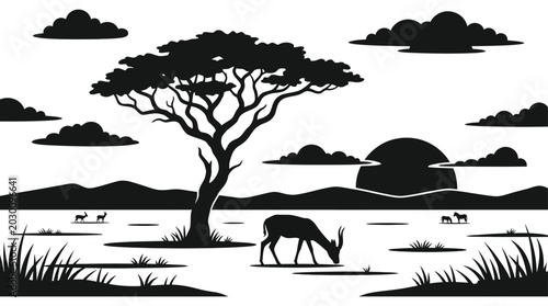 Foto African savanna landscape with acacia tree and animals silhouette