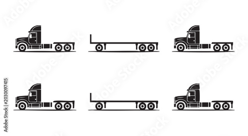 Obraz na płótnie Heavy duty truck icon set with semi trailers and flatbed cargo vehicles for logistics transportation