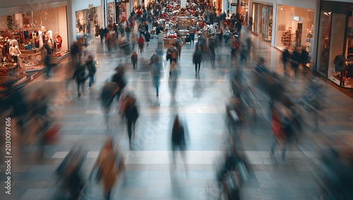 A bustling shopping mall filled with a crowd of people moving in a blur of motion. The scene captures the vibrant energy of consumerism and urban life.