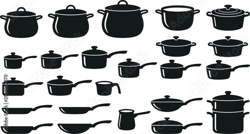 Cooking pots, pans, and kitchen utensils.