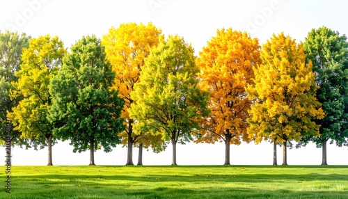 A vibrant line of deciduous trees transitions from green to golden autumn foliage