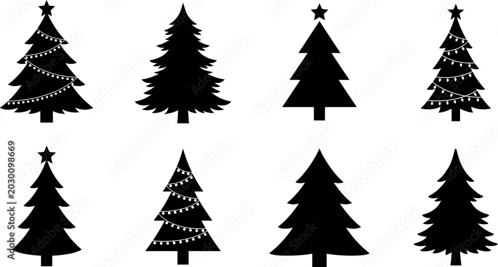 Obraz premium Christmas tree silhouette set with decorations