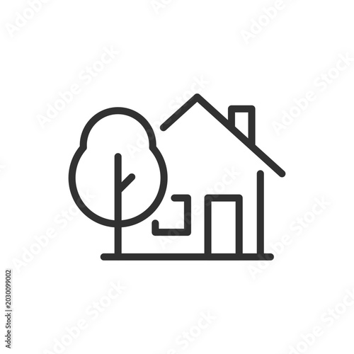 House with tree, linear style icon. Eco friendly residential property and outdoor landscape. Editable stroke width.