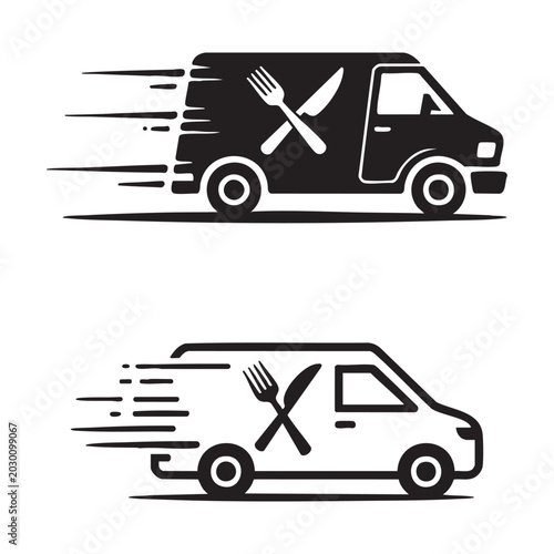 Obraz na plátně Fast food delivery van icons with cutlery symbol for restaurant order and catering service branding