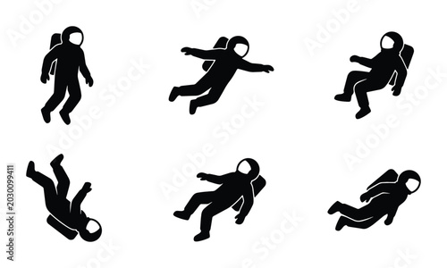 Foto Astronaut Icon Set, Space Explorer Silhouettes, Cosmic Journey Poses, Vector Gra