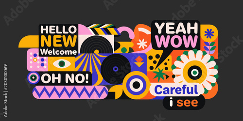 Quadro su tela retro sticker collection with colorful typography and floral elements