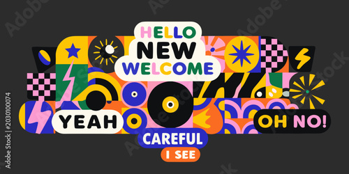 Tableau sur toile colorful sticker collection with retro typography and abstract shapes