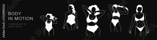 Women body silhouettes in swimwear on black background. Body positive banner with beautiful fit and plus size women in swimsuits, diversity empowerment concept. Vector feminine illustration
