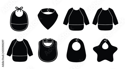Photos Baby Bibs Collection, 8 Black Vector Icons, Infant Feeding Accessories, Toddler