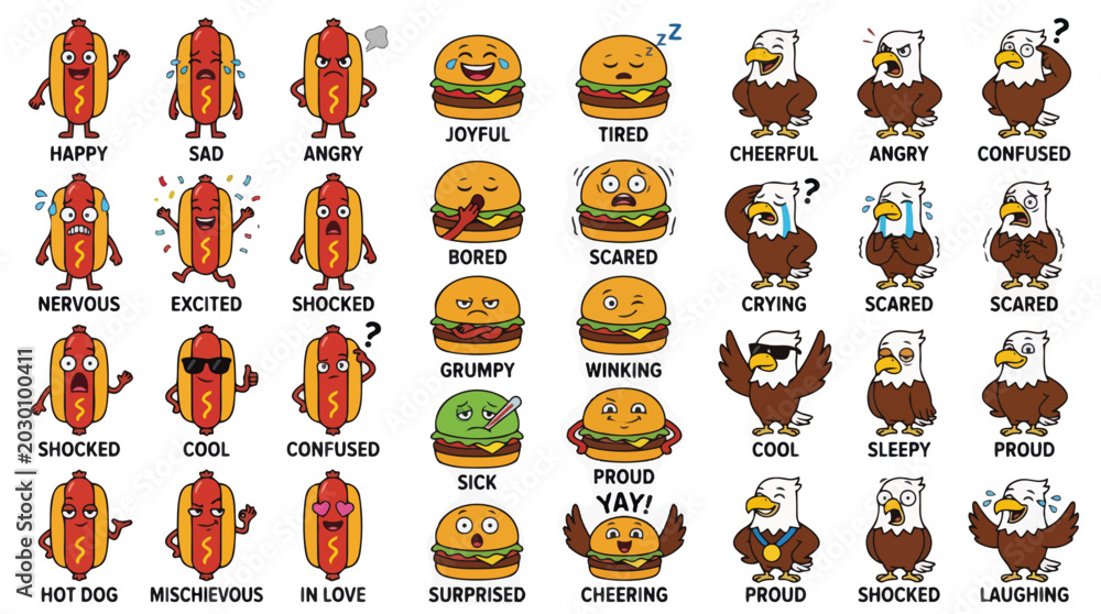 Fototapeta premium 4th of July patriotic mascot character set. Hot dog, hamburger and eagle emojis with different expressions. Flat design vector illustration
