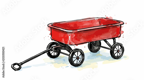 Vintage red toy wagon watercolor style vector illustration. Classic childhood and summer parade design element