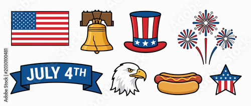 4th of July patriotic icon set. USA Independence Day flat design vector illustration isolated on white background