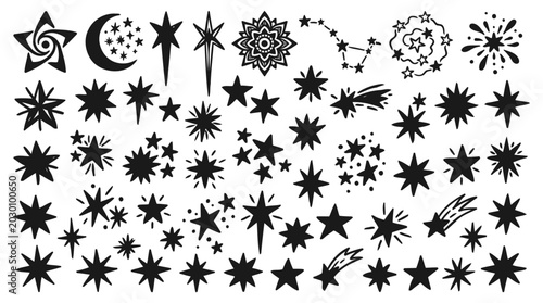 Set of hand-drawn vector stars and sparkles, doodle style, Set of hand drawn black stars and sparkle icons with a rough sketch texture .