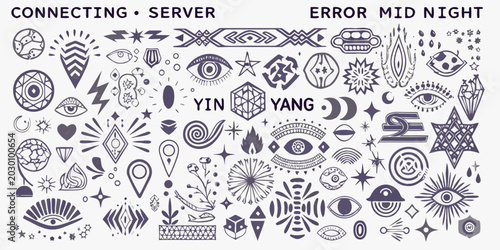 collection of y2k style tribal sigils and symbols dark background