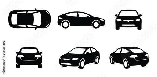 Bild auf Leinwand Modern Car Icons Set: Top, Side, Front Views of Electric Vehicle Silhouettes for