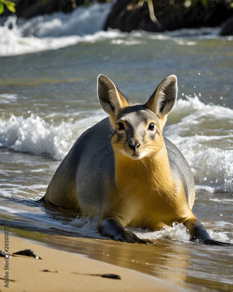Fototapeta premium A stream toned patagonian mara bunny genetic hybrid fantasy animal, fictional species, in a sunlit surf line