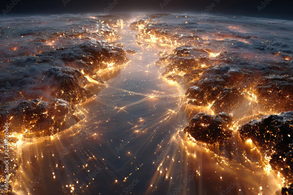 Fototapeta premium Abstract Cosmic Landscape with Glowing Energy Streams and Celestial Light