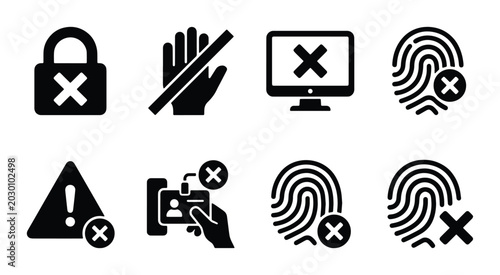 Foto Security Icons Set: Access Denied, Lock, Fingerprint, ID Card, Warning, Computer