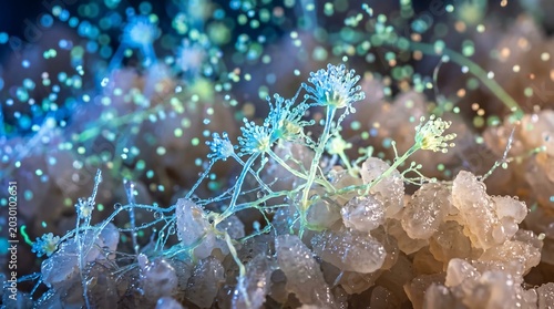 Microscopic view of glowing blue mold spore growing on spoiled rice grain in vibrant abstract light
