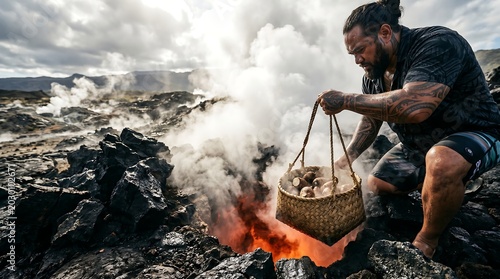 Strong tattooed Polynesian man cooking traditional taro root in a woven basket over a steaming volcanic geothermal vent