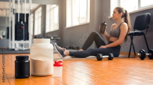 Protein powder containers and sports shaker bottle on a wooden gym floor with a blurred woman in athletic wear exercising in the background of a modern fitness health center