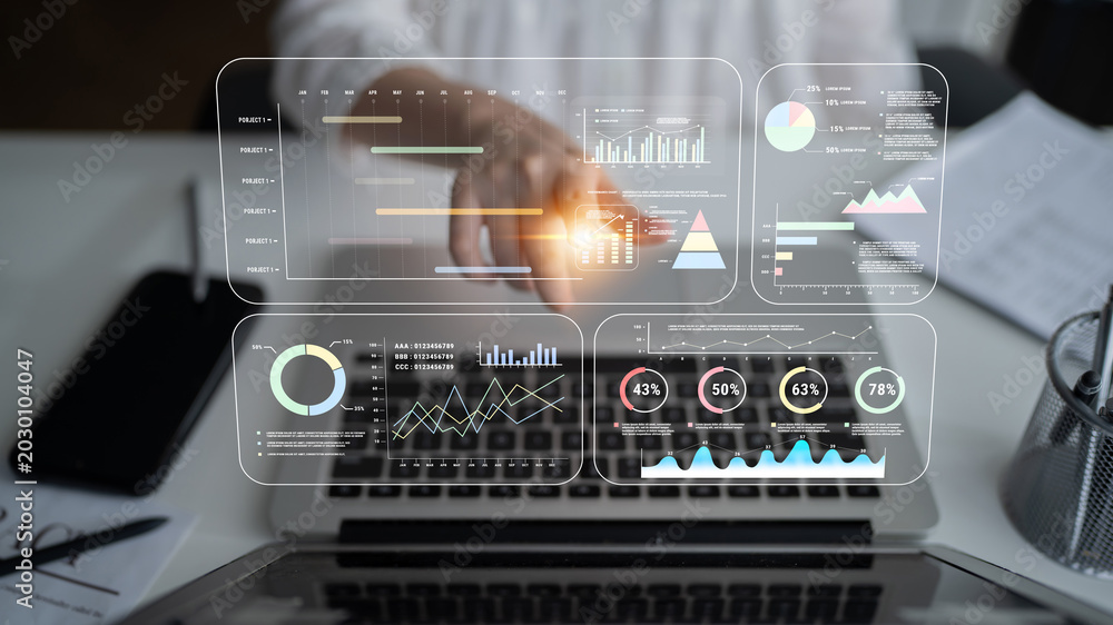 Fototapeta premium A project management dashboard with business performance analytics. A visualization of project timelines, KPIs, and company data for strategic review. Motif
