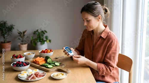 Adult woman in casual brown shirt using a glucometer to check blood sugar levels at a wooden table with a balanced healthy meal consisting of fresh vegetables, berries and eggs.