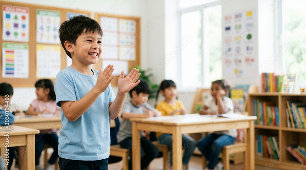 Obraz premium Happy Asian boy clapping hands and smiling in a bright classroom. Enthusiastic elementary student celebrating success with diverse classmates in the background. Primary education concept