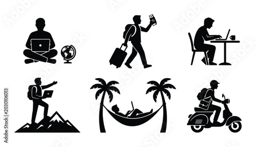 Bild auf Leinwand Set of 6 travel and remote work icons vector, digital nomad lifestyle, business