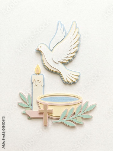 Layered paper cut style baptism illustration with white dove, baptismal font, candle, cross, olive branches and soft pastel colors, Christian christening symbol design for invitations, cards