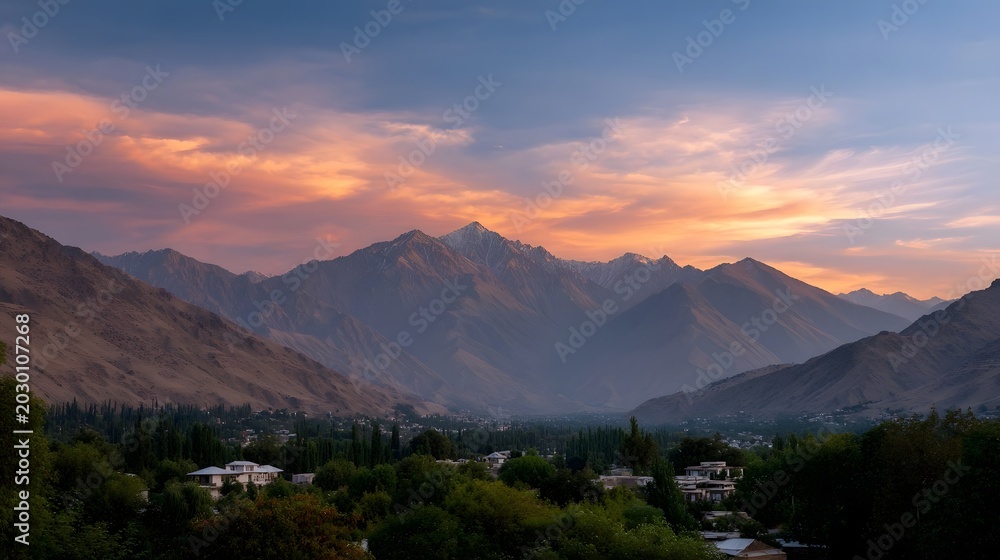 Obraz premium Dramatic sunset or sunrise paints the vast mountain landscape with vibrant orange pink and blue hues over a lush valley