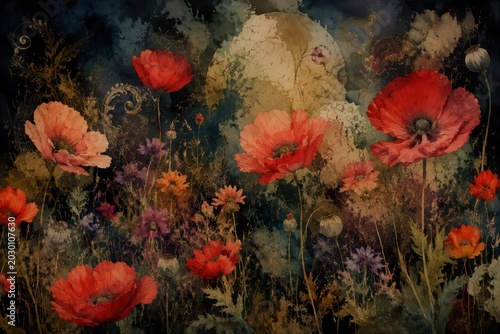 Vibrant red poppies bloom in a dreamy, moonlit garden with delicate floral details