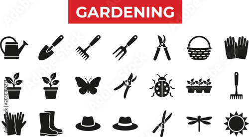 Bilde på lerret Gardening icons set with tools and plants