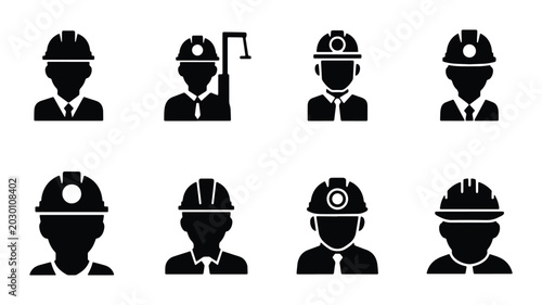 Obraz na płótnie Set of 8 construction worker icons vector, industrial safety helmet silhouette f