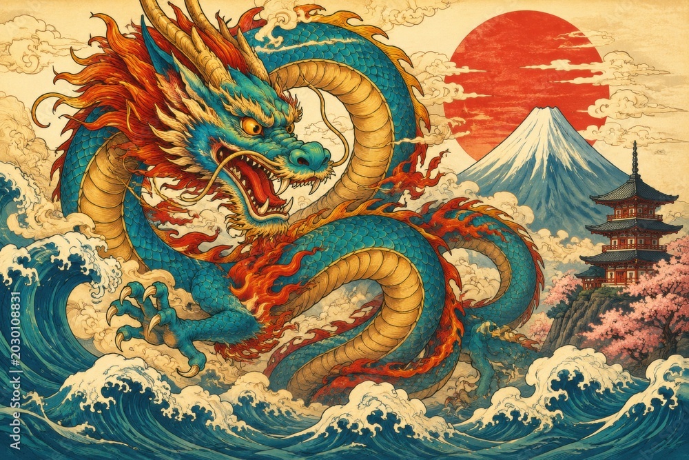 Obraz premium Majestic blue dragon emerges from crashing waves near Mount Fuji and pagoda