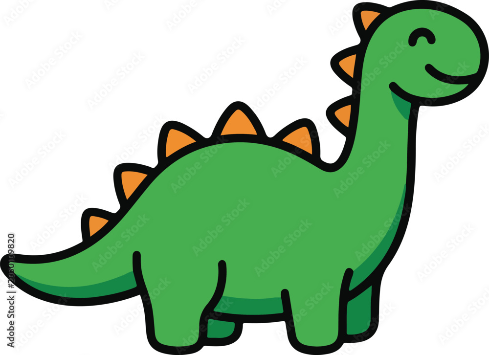 Fototapeta premium Cute cartoon green dinosaur vector illustration, smiling baby brontosaurus with orange spikes standing isolated on white background