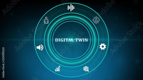 Text digital twins glows inside spiral circle on dark background, showing tech theme with digital clone, predictive analytics for smart digital systems.4k motion graphics video