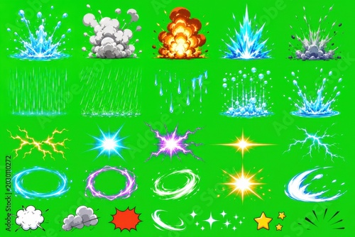 Collection of animated cartoon effects for video editing on green screen background