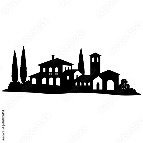 Tuscan villa silhouette with cypress trees and winery house  