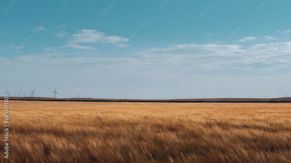 Fototapeta premium A vast and serene landscape of open fields under a bright blue sky with scattered white clouds