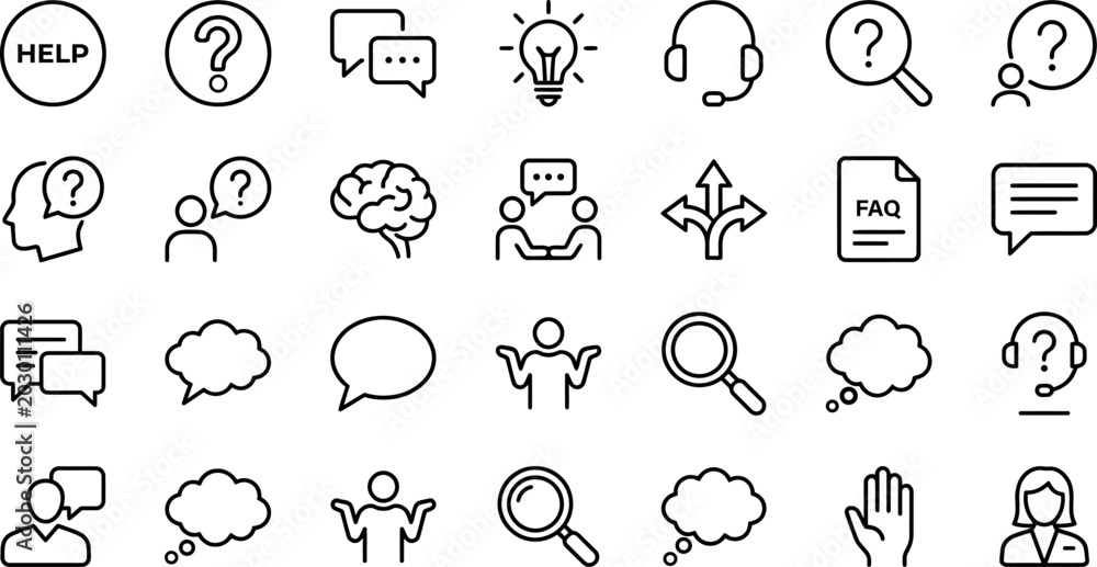 Fototapeta premium Collection of icons depicting communication thought search concepts with communication tools