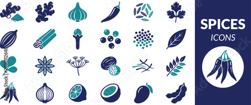 Schilderij op canvas Spices Icons Set Herbs and Spices Vector Collection with Ginger, Garlic, Chili,