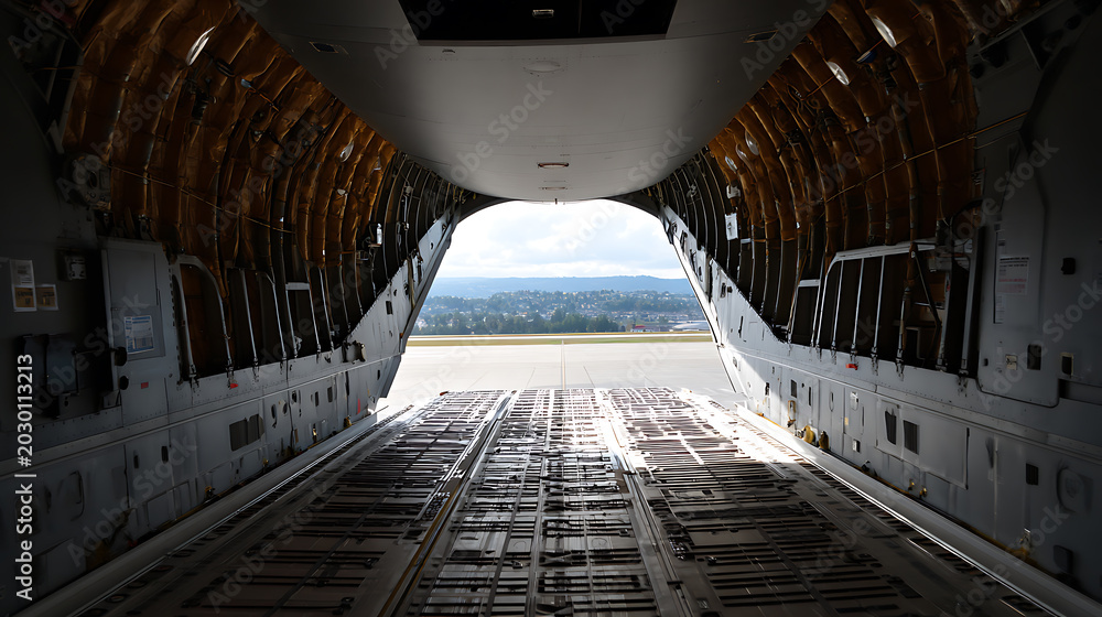 Obraz premium View from open cargo aircraft ramp showcasing expansive interior space, ready for transport, with a bright sky and distant landscape visible