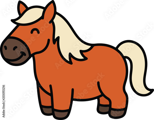 Obraz na płótnie Cute cartoon brown horse vector illustration, smiling pony character standing, i