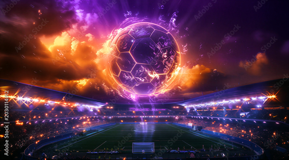 Fototapeta premium Futuristic glowing soccer ball hovering over a vibrant stadium with dramatic sky effects